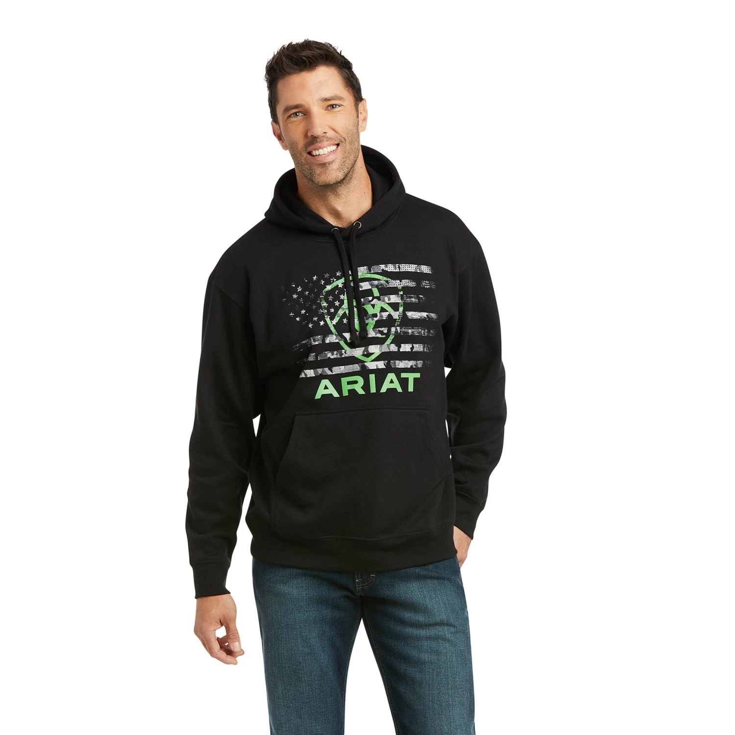 Ariat Men's Basic Black With Green Flag Hooded Sweatshirt 10037258 3 Ariat Men's Basic Black With Green Flag Hooded Sweatshirt 10037258