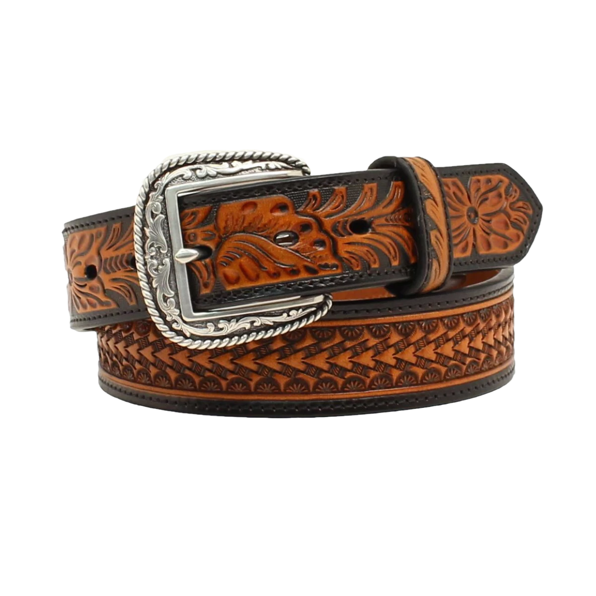 Ariat Men's Floral Embossed Black And Tan Leather Belt A1020867 3 Ariat Men's Floral Embossed Black And Tan Leather Belt A1020867