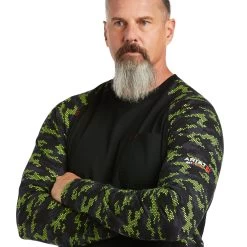 Ariat® Men's FR Stretch Camo Baseball Black/Lime T-Shirt 10039165 -ARIAT Cowboy Gear S22 MNS WORK 10039165 detail01