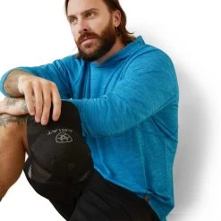 Ariat® Men's Rebar Evolution Hooded Scuba Blue Sun Shirt 10043312 -ARIAT Cowboy Gear S23 MNS WORK 10043312 front